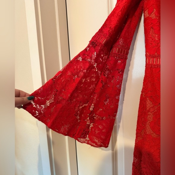 NEW Tadashi Shoji Kyra Bell Sleeve Lace Dress Red Sz 10 Formal Midi Holiday NWT - Picture 6 of 10